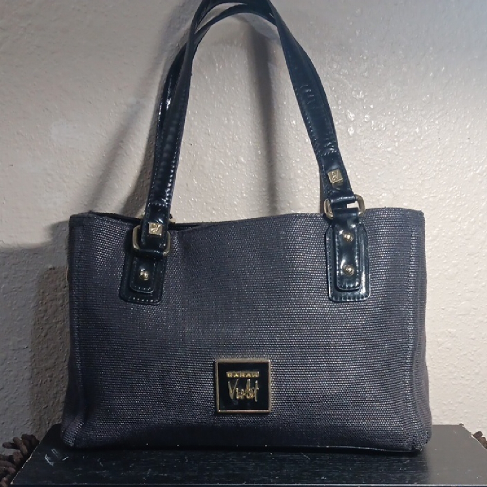 Black Shoulder Bag with Textured Fabric and Gold Accents